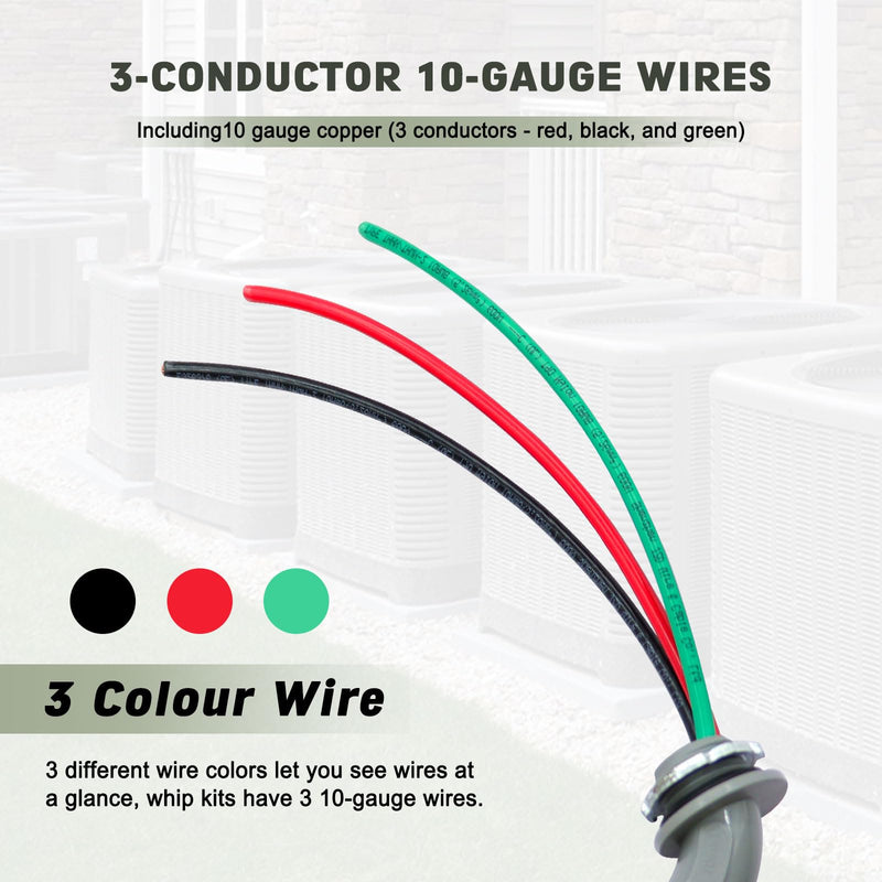 1/2" x 6Ft Power Whip Assembly Kit, Non-Metallic Liquid Tight Flexible Electrical Conduit with 10 Gauge Wire Electrical AC Whip Kit 1/2" x 6Ft