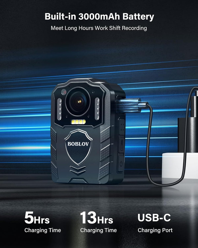 BOBLOV KJ25 128GB Body Camera, 3000mAh with 10-13Hrs Recording, Affordable Body Cam with Night Vision, External TF Card with Exchange for Hiking, Delivery, Law Enforcement(128GB)