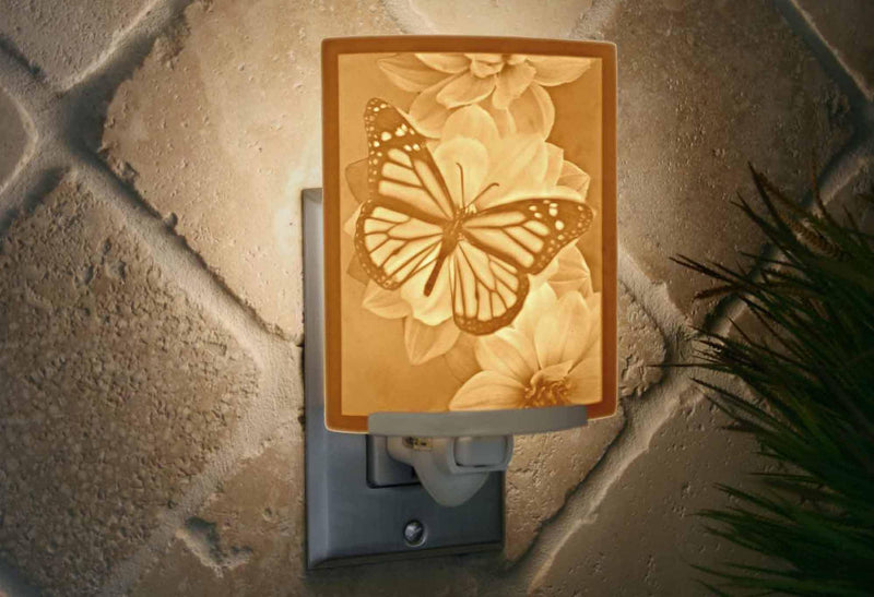 The Porcelain Garden Monarch Butterfly Night Light, Porcelain Lithophane, Decorative Wall Plug in Accent Light for Bedroom, Kitchen, Bath, Hallway
