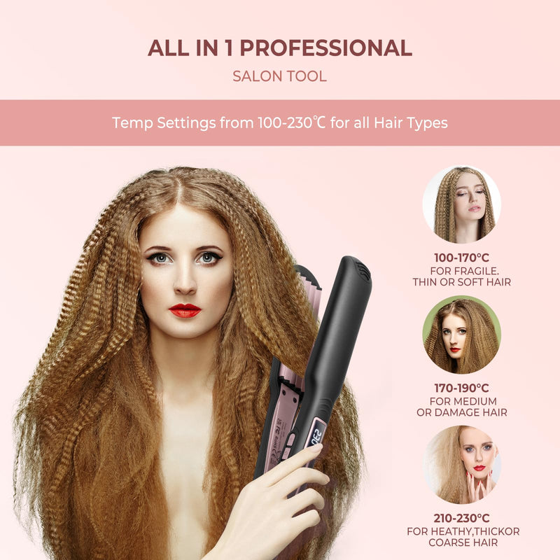 UKLISS Hair Crimper, Ceramic Hair Crimpers for Women, PTC Crepe Hair Iron | for Volumizing Hairstyle in One Step, Adjustable Temperature 210-450℉, LCD Display, Long-Lasting Styling (Black Pink) Black Pink