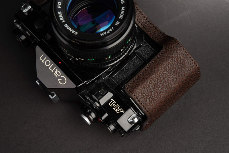 A-1 Case, BolinUS Handmade Genuine Real Leather Half Camera Case Bag Cover for Canon New AE-1 AE-1P A-1 (with Handle) Camera with Hand Strap (Coffee) Coffee