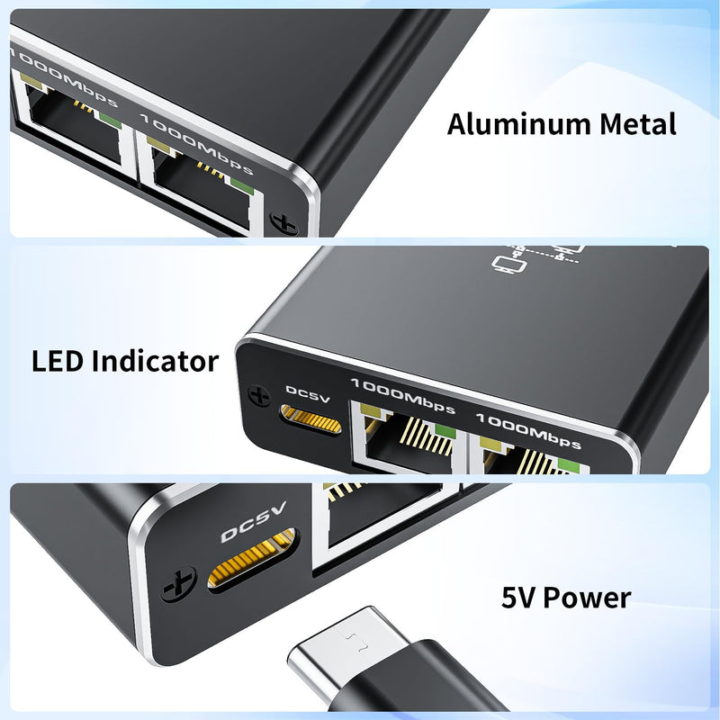 Ethernet Splitter 1 to 3, ALYYDBG 1000Mbps RJ45 Internet Splitter with USB Power Cable, LAN Splitter Using Cat5/5e/6/7/8 Cable for PC, TV, PS5, Printer etc 1000Mbps 1 to 3