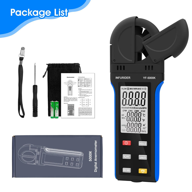 Digital Anemometer Wind Speed Meter, 6-in-1 Wind Gauge for Velocity/Temperature/Relative Humidity, Auto-Off with Data Hold, LCD Backlight, for Shooting, Sailing 5000K