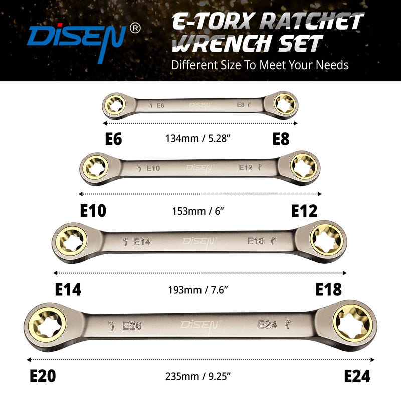 DISEN Upgraded 4-Piece E-Torx Double Box Ratcheting Wrench Set, 72-Tooth Black Nickel Plated, Dual Head E6E8/E10E12/E14E18/E20E24 with Storage Pouch