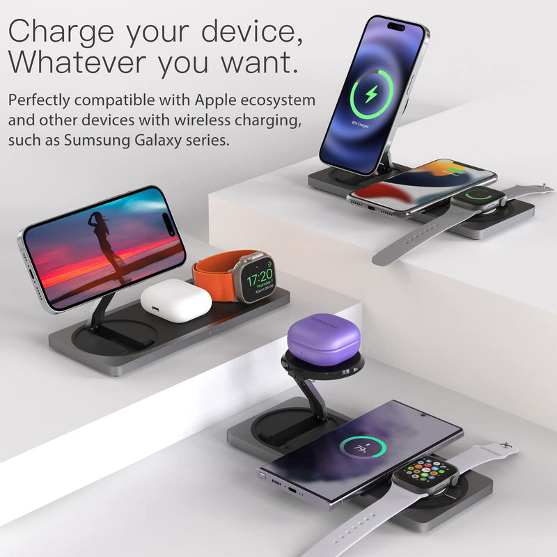 3-in-1 Charging Station for Apple Devices: used for iPhone and Watch Charging Station with Magsafe Charger Stand, Wireless Charger for iPhone15/14/13/12, Apple Watch 1-9/Ultra, AirPods 3 Pro Black