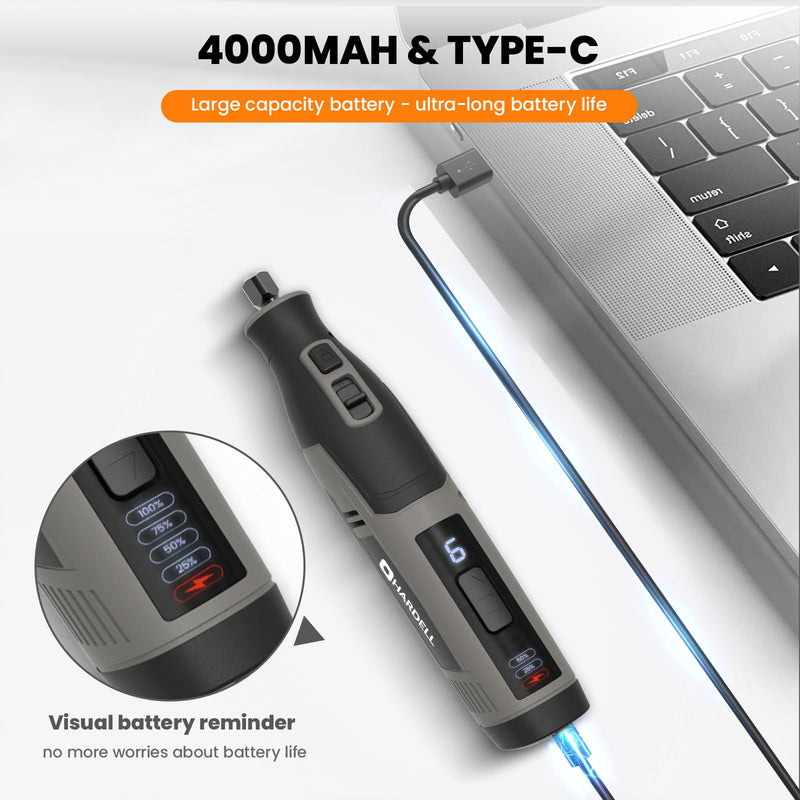 4V Cordless Rotary Tool Kit with 80Pcs, 4000mAh Long-lasting Battery, 6 Speeds 8000-28000RPM Rotary Tool with Digital Display for Cutting, Sanding, Polishing, Drilling, Engraving, DIY Crafts (Grey) Gray