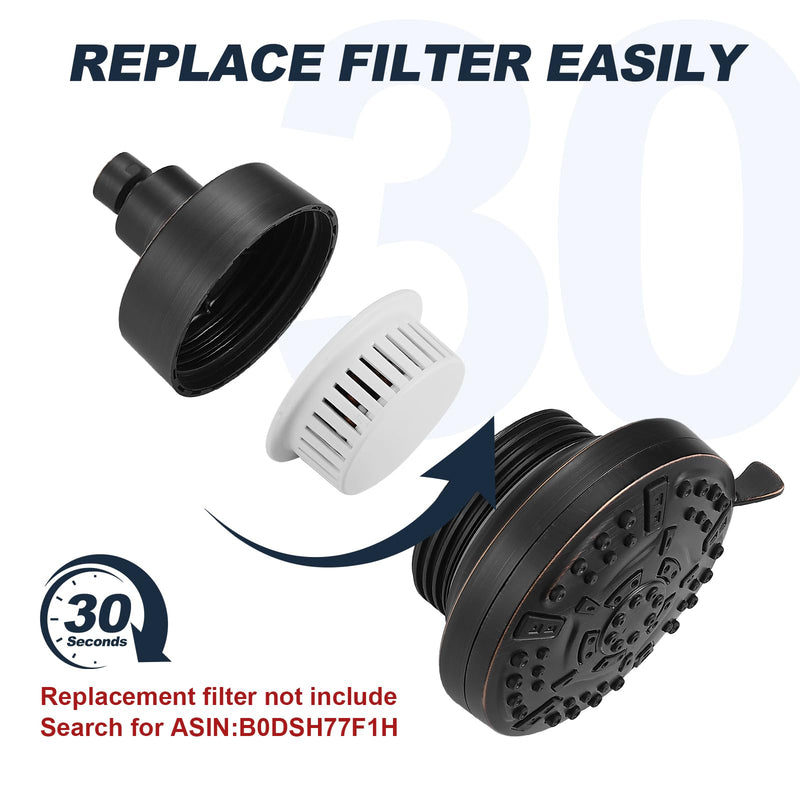 High Pressure Shower Filter Head Oil Rubbed Bronze Fixed Shower Head 7 Settings, 5 Inch Bathroom Rain Shower Head with Enhanced Filter for Hard Water, Reduces Chlorine and Harmful Substances