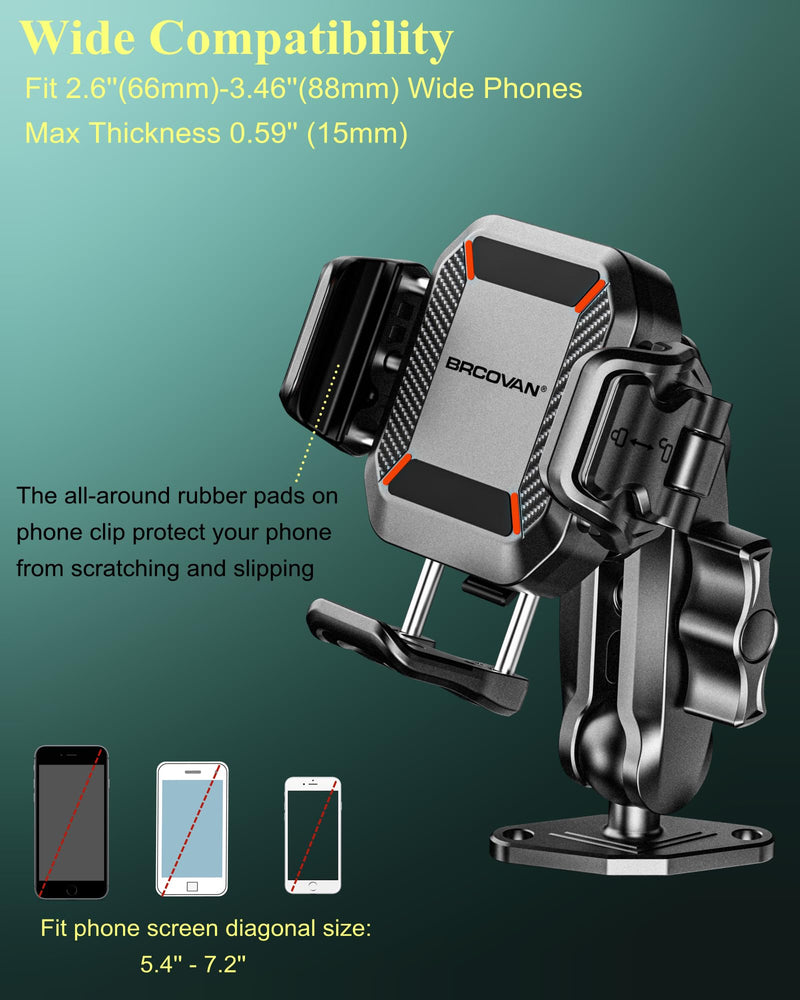BRCOVAN Anti-Theft Phone Mount Holder with Vibration Dampener, 1s Locking | Don't Block Camera, with Aluminum Diamond Base & Medium Arm, for Car Boat Truck Motorcycle UTV, Fit 5.4-7.2'' Smartphones
