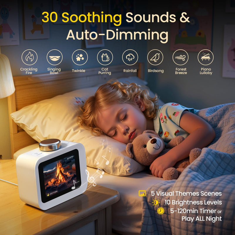 AIRIVO Alarm Clock, Colorful LCD Display with 8 Visual Themes, 4 Digital Alarms with 30 White Noise for Bedrooms, 112dB Loud Alarm Clock with Hourly Chime for Heavy Sleepers, Gift for Kids Teens