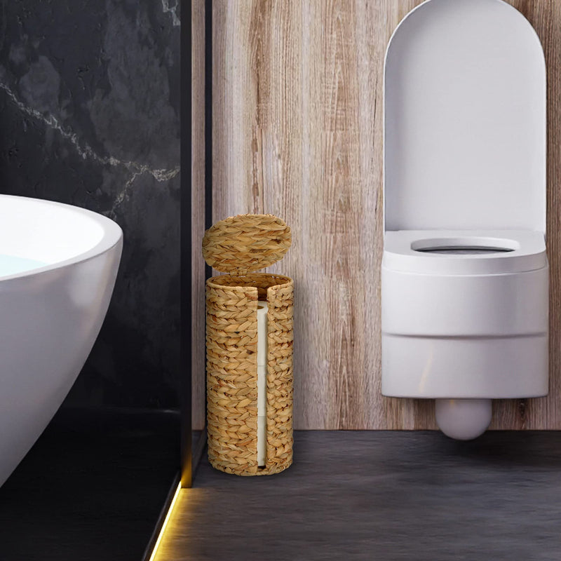 Graciadeco Stand Paper Storage with Lid Spare Extra 3 Rolls of Toilet Tissue Holder Free Standing Water Hyacinth Wciker Toilet Paper Organizer Basket for Bathroom Natural Color
