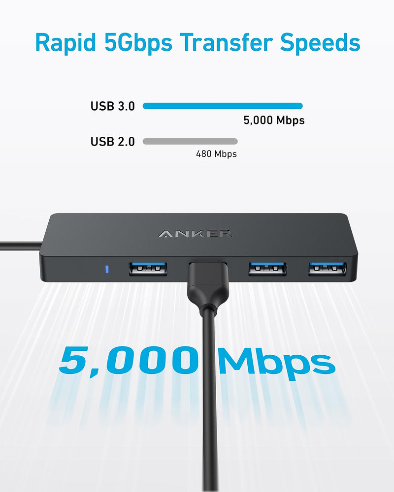 Anker 4-Port USB 3.0 Data Hub - 5Gbps Transfer Speed, 0.7ft Cable for MacBook, iMac, Surface, HDDs 0.7 ft USB-C