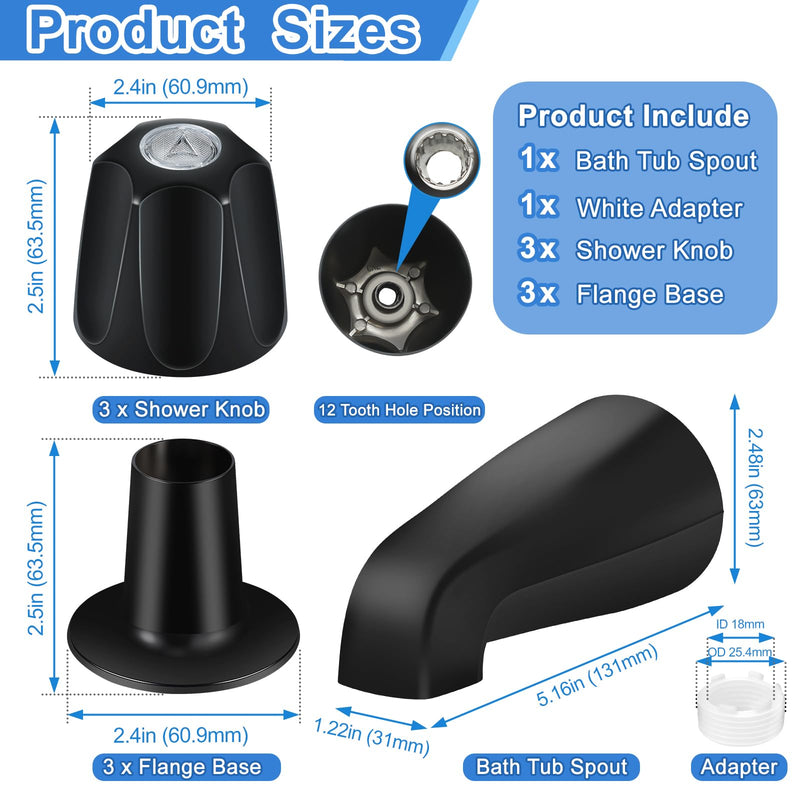 Matte Black Bath Tub Spout Shower Trim Kit, with 3 Shower Knob, Compatible with Price/Pfister Verve Tub/Shower Faucet Handle Set, for 1/2'' Pipe MALE Thread Connection, 3/4'' IPS Pipe Inside Thread