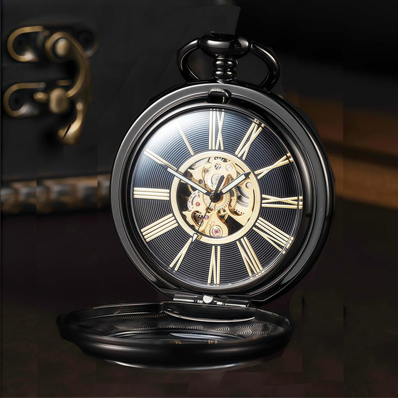 Mechanical Pocket Watch, for Men Women Special Magnifier Half Hunter Engraved Case Roman Numerals with Chain Ac. Black Black
