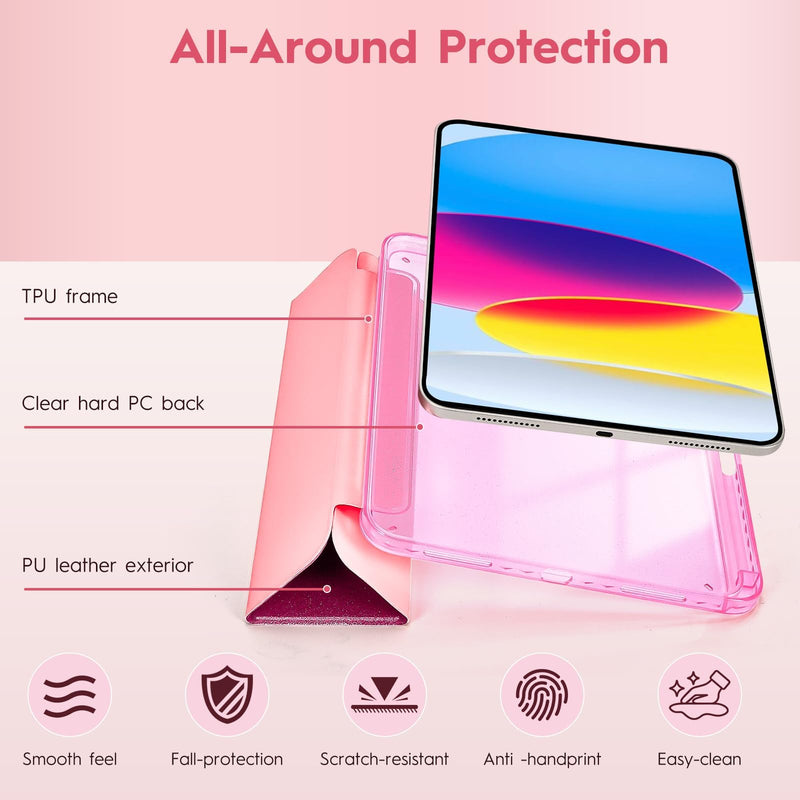 Case for iPad Air 11" M4/M3/M2 & 10.9" Air 5/4, Rose Red | Glitter Cover, Transparent Hard PC Back, Built-In Pencil Slot, Auto Wake Sleep, Shockproof TPU Bumper, Easy To Clean