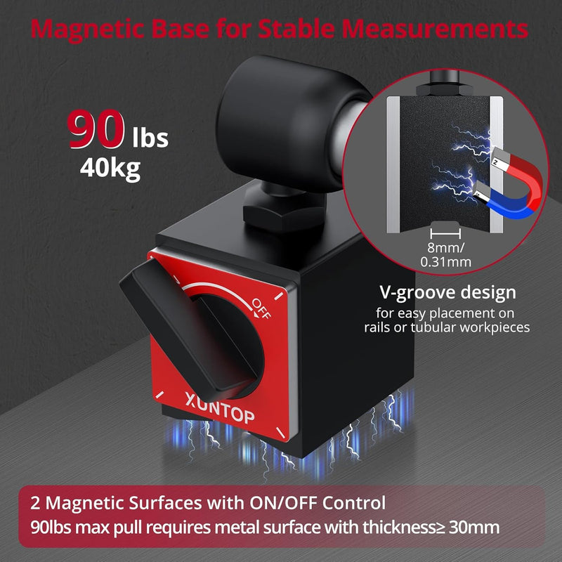XUNTOP 0-1inch/0.0005inch Dial Digital Indicator and 90lbs (40kg) Magnetic Base Magnetic Electronic Indicator with 3 Adjustable Joints 5/16 inch (8mm) Clamping Diameter for Lathe CNC 3D Printer PRIME-90lbs/40kg Max Pull