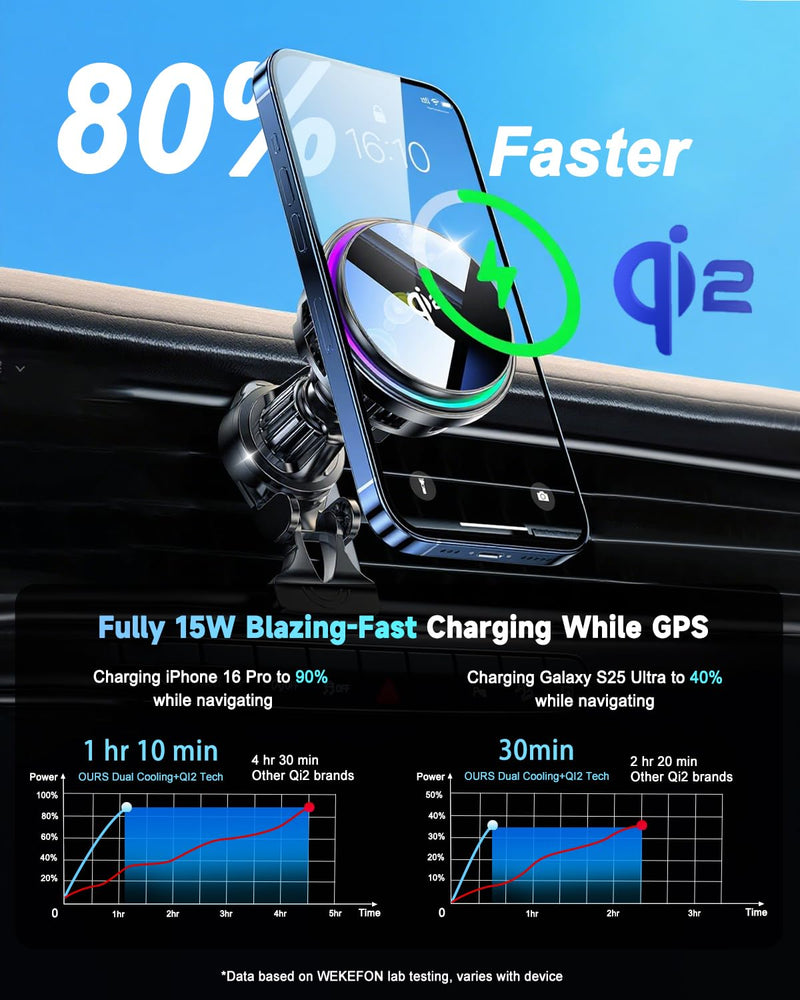 for Qi2 15W MagSafe Car Mount Charger RGB Light, Ice Cooling Magnetic Wireless Car Charger Phone Holder, Air Vent Fast Charging for iPhone 17 16 15 14 13 12 Pro Max Air, Galaxy S25, Car Accessories With Qi2 Cooling Charging