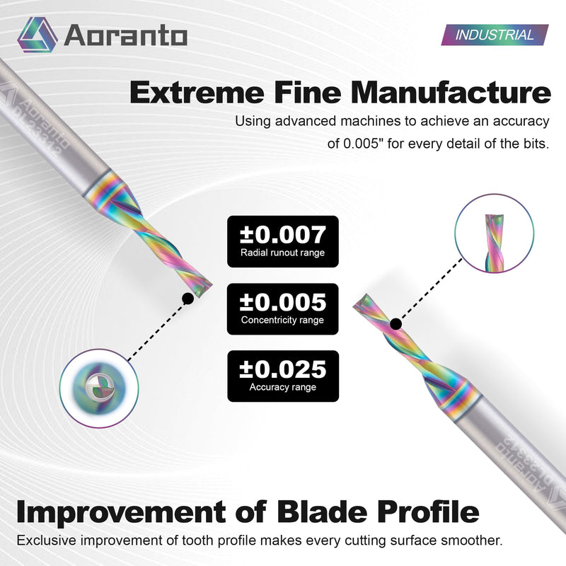 DL23312 1/8" Downcut Spiral CNC Router Bit 1/4" Shank, Industrial Quality Extra Long Life Coating Solid Carbide Down Cut End Mill for Wood Slot Engraving Carving, 1/8" Dia x 1/2" CL, 2 Pack 1/8"Dia x 1/2"CL x 1/4"SHK