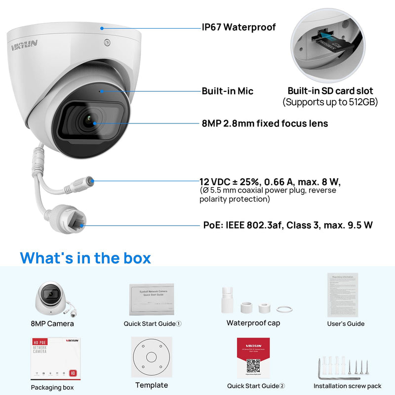VIKYLIN 4K 8MP Starlight IP Security Camera Dome with Built-in Mic, 256GB SD Card Slot, 2.8mm Lens, 98ft IR,IP67, Indoor Outdoor PoE Surveillance Camera,DMSS/SmartPss Lite Moon White VD-2TM81-AS-D G2