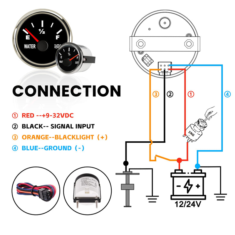 Water Level Gauge，52mm Liquid Level Meter, 240-33ohm/0-190ohm ，9-32V Universal Water Tank Gauge for Boats,RVs,Yachts,Motorcycles,Trucks,Cars,Vehicle,Marine Holding Tanks (0-190ohm) 0-190ohm