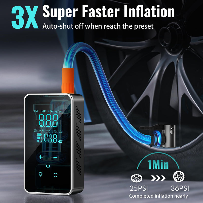 Tire Inflator Portable Air Compressor-150PSI Air Pump for Car, Bike Pump Touch Screen/Gauge/Light, Tire Pump 3X Faster Inflation with Tire Pressure Gauge for Motorcycle, Bike, Ball Black Green