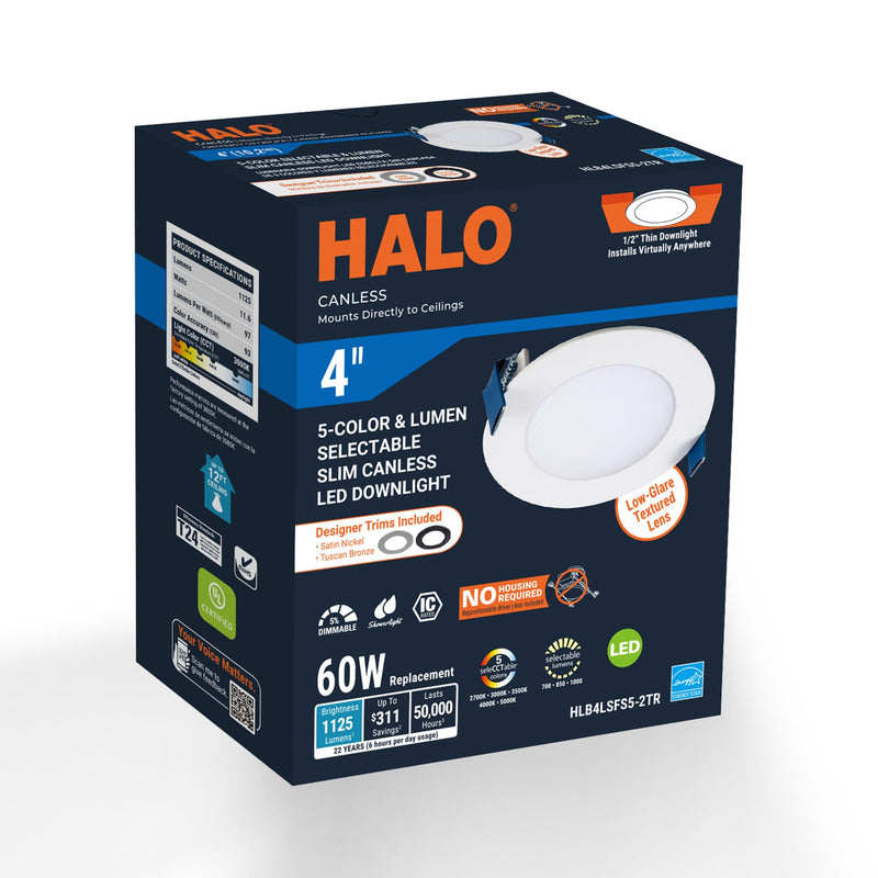 HALO HLB 4 inch LED Recessed Ceiling Light Canless Dimmable with Selectable Lumens and Selectable Color 27/30/35/40/5000K Wet Location Airtight Ultra Slim Indoor Outdoor with 2 Trims HLB4LSFS5-2TR Selectable 700/850/1000 Lumens