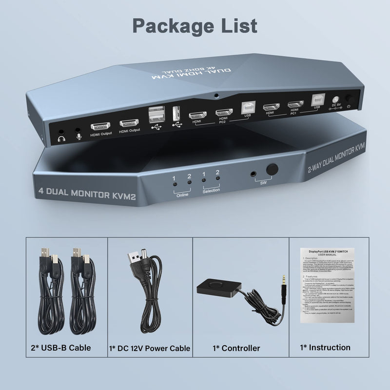 2 PCs Dual Monitor KVM Switch 4K@60Hz, Support HDCP 2.2, HDMI+HDMI 4x2 Dual Monitor KVM Switch for 2 PCs and 2 Monitors