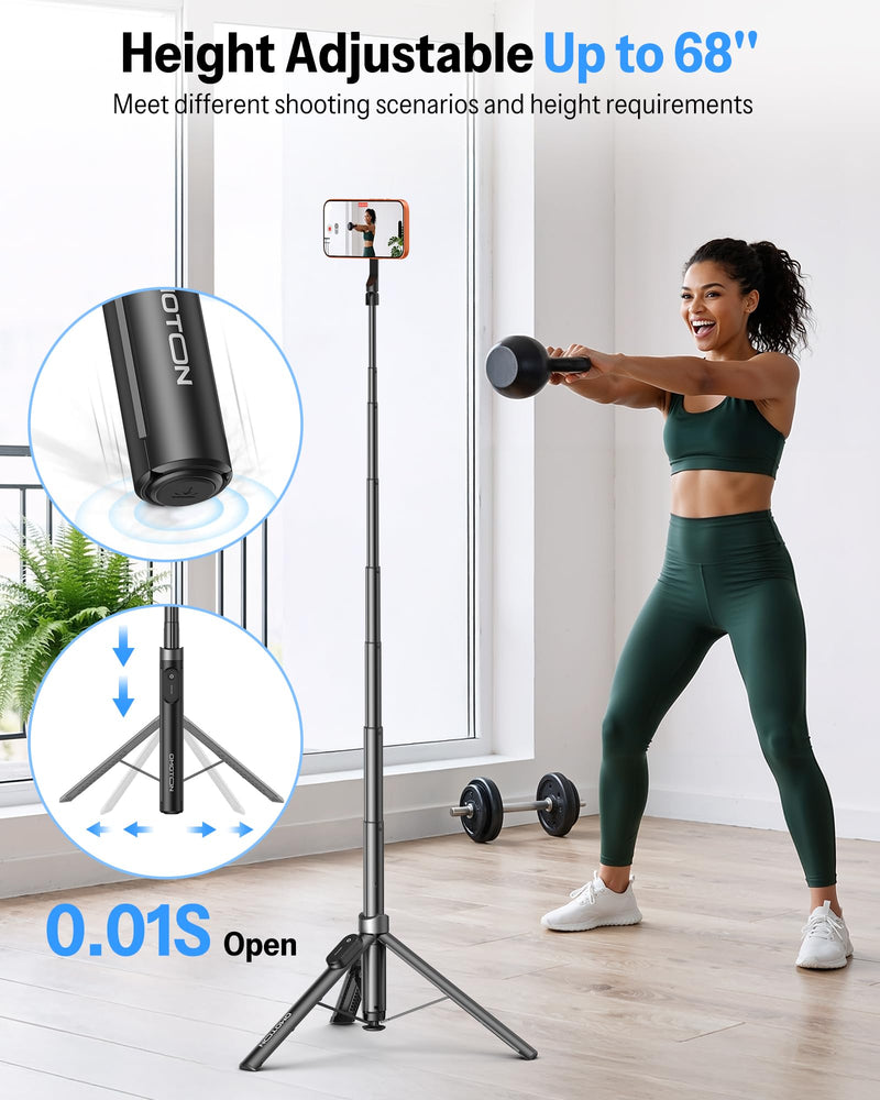 OMOTON 68" Magnetic Phone Tripod with Remote, Selfie Stick for iPhone Black | 0.01S Auto-Open, Aluminum Adjustable Height& Angle, Clip for Android, Dual-Sided Magnetic for Video Recording Travel Vlogging