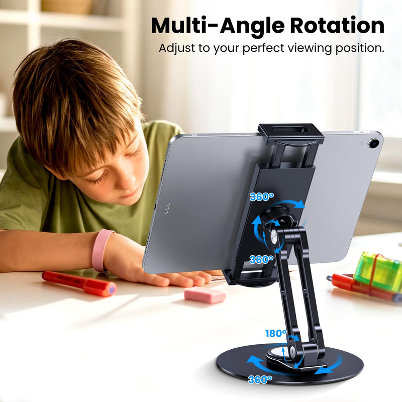 CreaDream iPad Stand, Aluminum Tablet Holder Swivel Stand for Desktop | Adjustable with 360° Rotating Base, Compatible with 4.7''-13" Tablets, Phone, iPad Pro/Air/Mini, Galaxy Tab, Surface Pro Short-One Arm for Desk