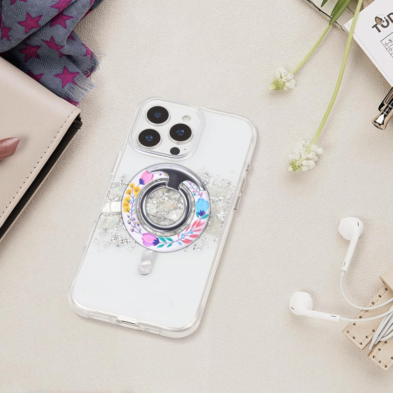 Magnetic Phone Ring for MagSafe Grip, Super Magnet Twinkle Design Ring Holder Stand, MagSafe Accessory for iPhone 17/16/15/14/13 Pro Max Plus，Enchanted Floral Twinkle Silver