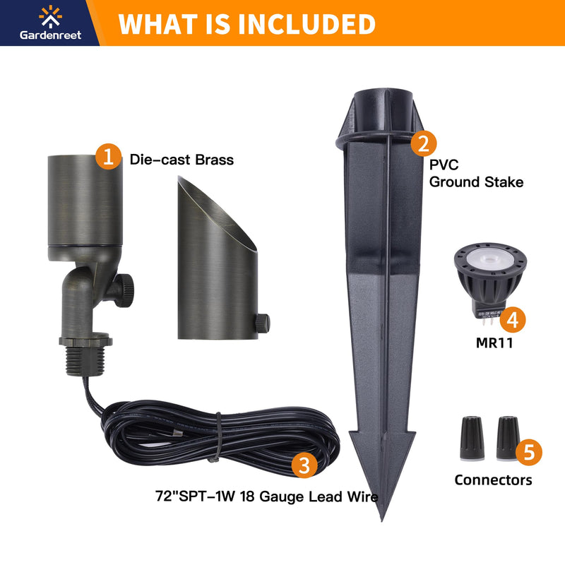 Gardenreet Landscape Spotlights Low Voltage - 12V Brass Outdoor Uplight Low Watt Wired, MR11 LED Spot Lights IP65 Waterproof, Bronze for Garden Yard Tree House with 2.5W 2700K Warm White Bulb Bronze (2700K Warm White) 1-Pack (Wiring Required)