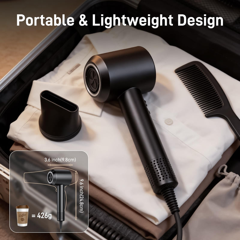 500 Million Negative Ionic Hairdryer with LED Display, 180,000 RPM Hair Dryer with 3 Speed 4 Heat Setting, Blow Dryer with Diffuser & Concentrator, Low Noise & Lightweight Hairdryers for Women Men Black