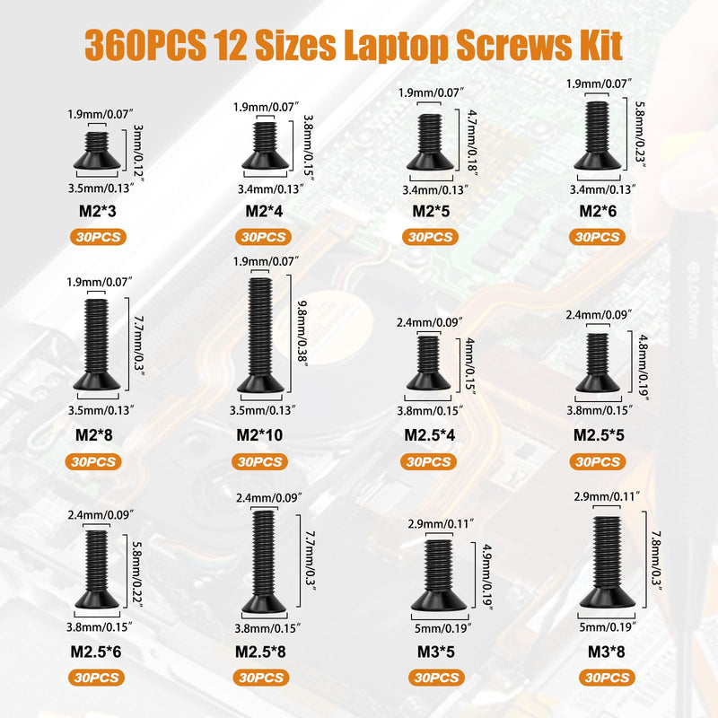mankk 360PCS Laptop Screws 12 Sizes M2 M2.5 M3 Replacement Computer Tiny Screws Motherboard Screw with Screwdriver for Laptop PC Repair & DIY 360PCS-12 Size