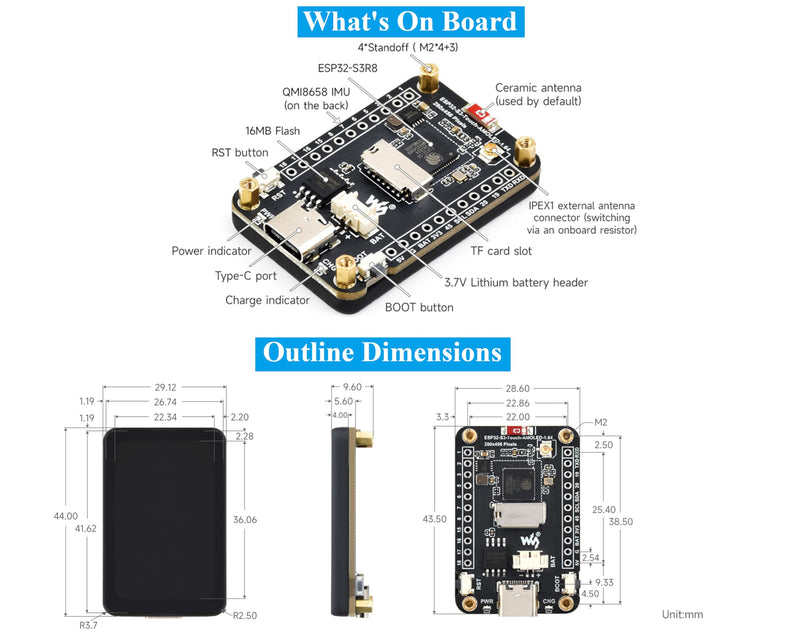 ESP32-S3 with 1.64inch AMOLED Touch Display Development Board, 280 x 456, QSPI Interface, Onboard Accelerometer and Gyroscope Sensor,Type-C, UART, I2C, etc. Ideal for HMI and ESP32-S3 Applications