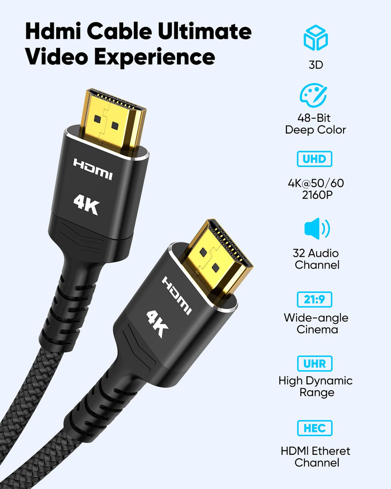 Highwings 4K Long HDMI Cable 50FT/15M, High Speed 18Gbps 2.0 Braided Cord-Supports (1080P 30Hz) HDR,Video Ultra HD 1080p 3D HDCP 2.2 ARC-Compatible with PS4/3 /HDTV/PS5/Blu-ray 50 feet 4K@UHD-1 Pack Black