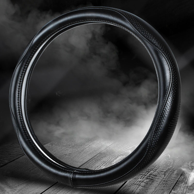 HAOKAY Top Grade Black Genuine Leather Steering Wheel Cover Men Women, Luxury Steering Wheel Cover for Cars, SUVS and Trucks，Universal 14.5-15 inch Standard size[14 1/2''-15'']