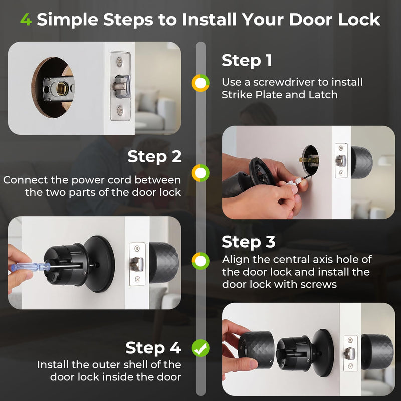 𝐅𝐢𝐧𝐠𝐞𝐫𝐩𝐫𝐢𝐧𝐭 𝐊𝐞𝐲𝐩𝐚𝐝 Door Lock, Smart Biometric Door Knob Support 15M App Control & Auto Lock, 4-in-1 Upgraded Door Lock with 2Keys for Home Office Apartment, Black (Diameter 2.28")