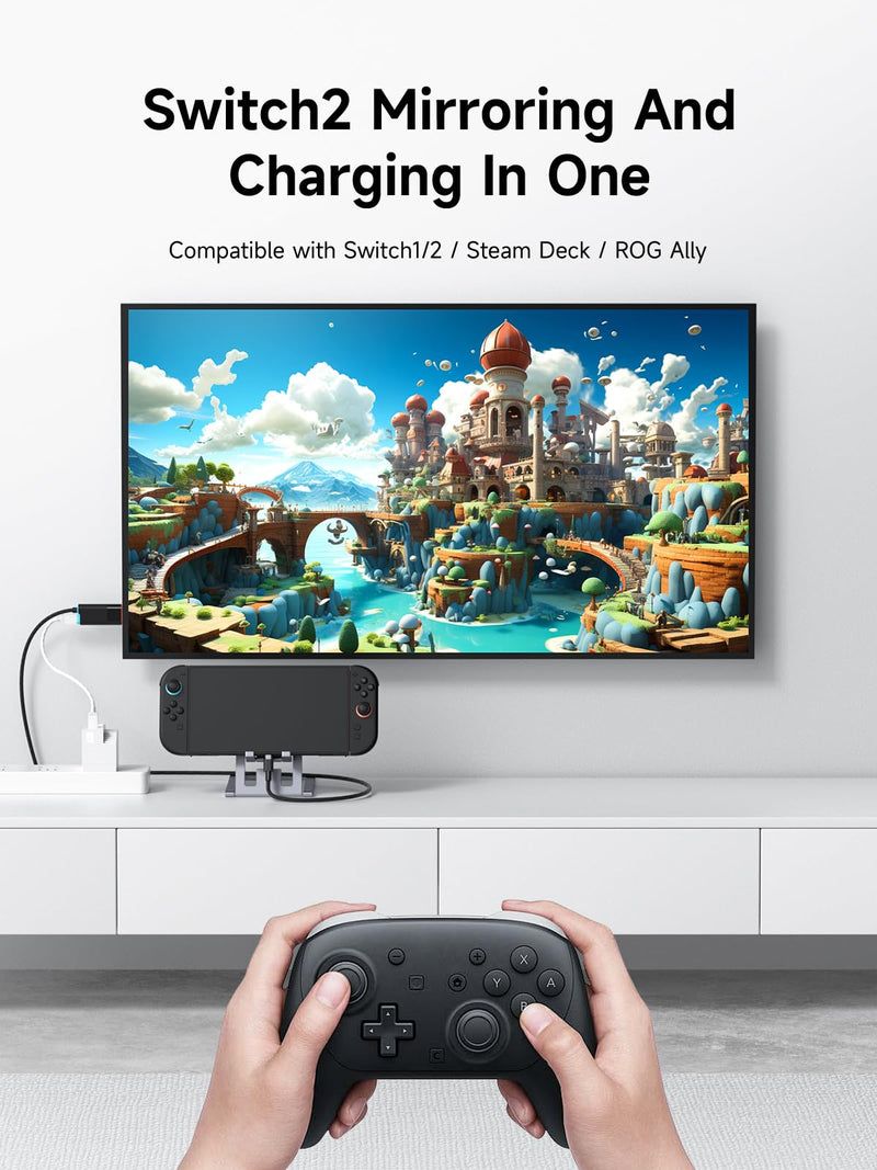 Hagibis Switch2 Dock for Nintendo Switch1/2 & Switch OLED, USB C to HDMI Cable Adapter with 4K@60Hz HDMI, 100W PD, Type-C to HDMI Adapter for Laptop, Tablet, SteamDeck, ROG Ally (Black 4K@60Hz) 6.6ft Black 4K@60Hz