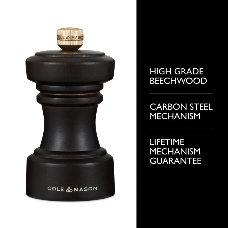 Cole & Mason Hoxton Mill - Table Black Pepper Grinder - Refillable Peppercorn Grinder - Kitchen & Home Accessory - Pepper Mill with Carbon Steel Mechanism - 4'', Chocolate Wood
