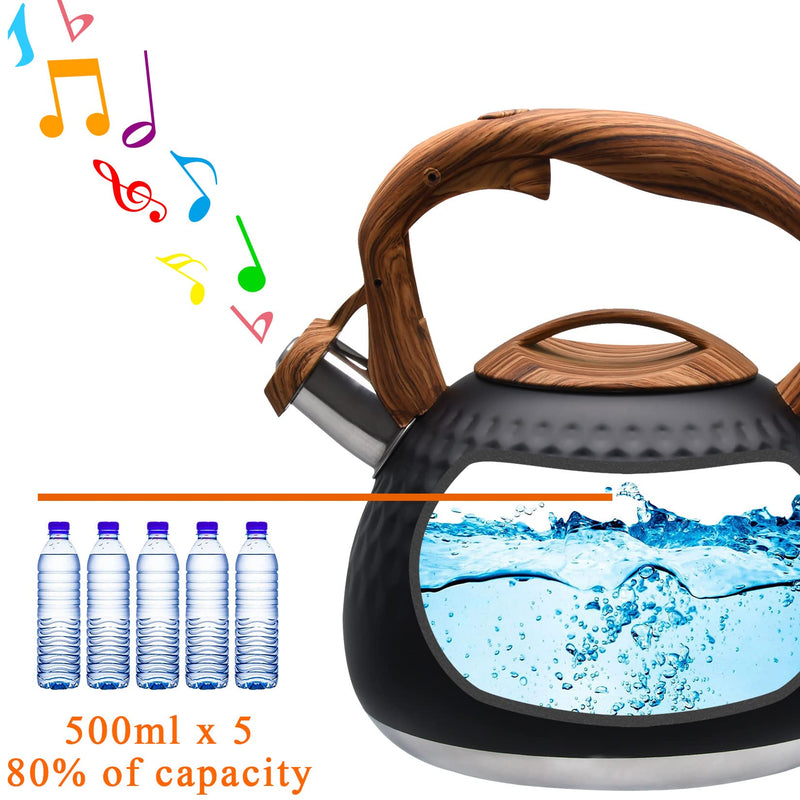 GGC Tea Kettle for Stove Top, Loud Whistling Kettle for Boiling Water Coffee or Milk, 3.1 Quart 3L Heavy Stainless Steel Black Kettle with Wood Pattern Handle, Unique Button Control Kettle Outlet Premium Black