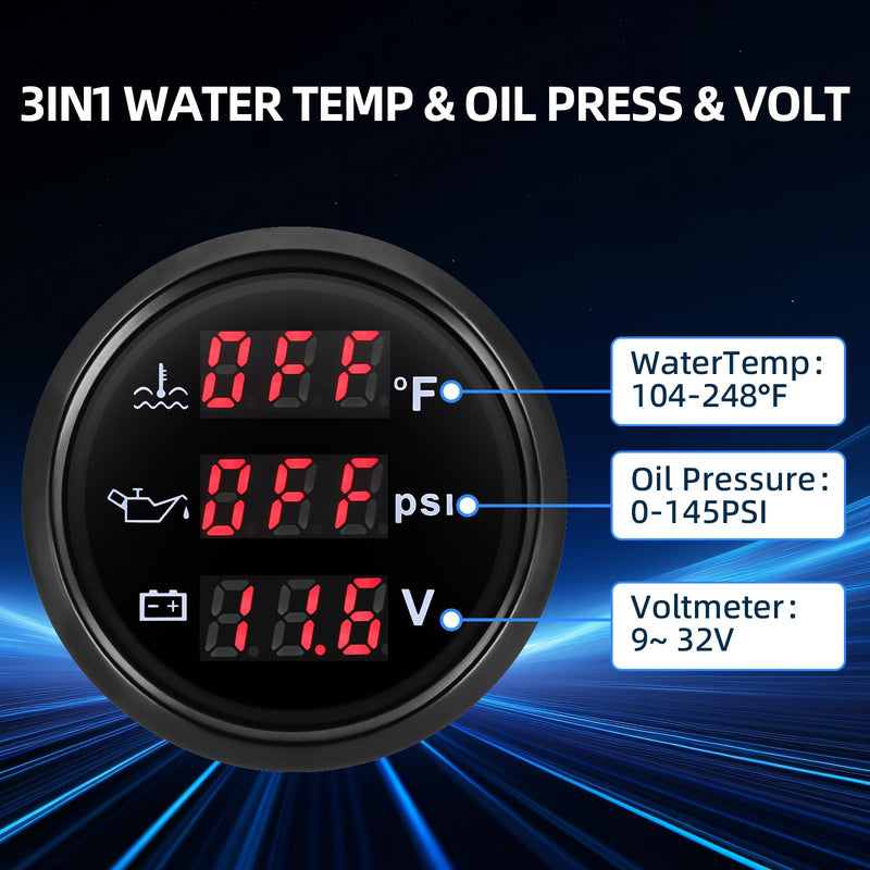 Triple Gauge Set - Water Temp (104°F-248°F), Oil Pressure (0-145PSI), Voltmeter (9-32V), AUTO Gauge with Sensors 2" 52mm 3-in-1 Boat Marine Meter Kit (Black) Black