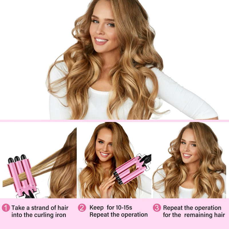  [AUSTRALIA] - 3 Barrels Hair Waver, 25mm Curling Iron, Beach Mermaid Waves Hair Crimper | Curling Tongs, Hair Curler with 2 Temperature Control Quick Heating, Waver Curling Wand for Long or Short Styling Pink
