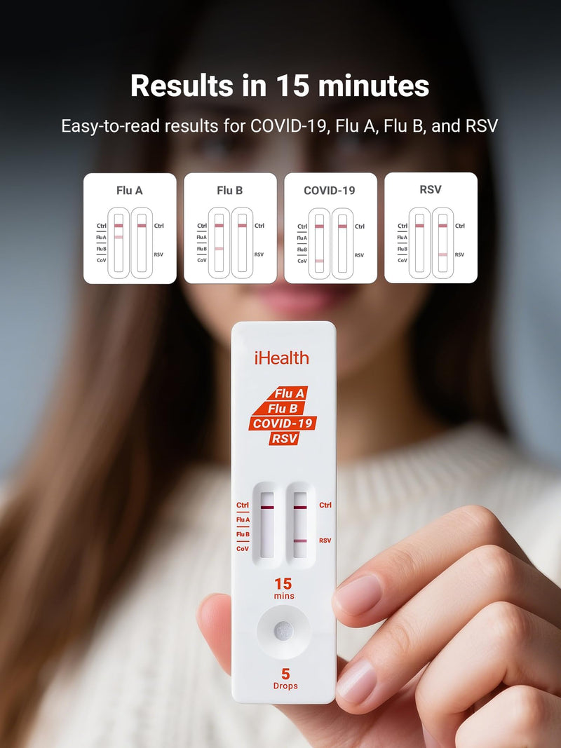 iHealth Flu A/B, COVID-19 & RSV 4-in-1 Antigen Rapid Test, Results in 15 Minutes, FDA Authorized OTC Home Test, Non-Invasive Nasal Swab, Easy to Use & No Discomfort (1 Pack, 4 Tests Total) 1 Pack, 4 Tests