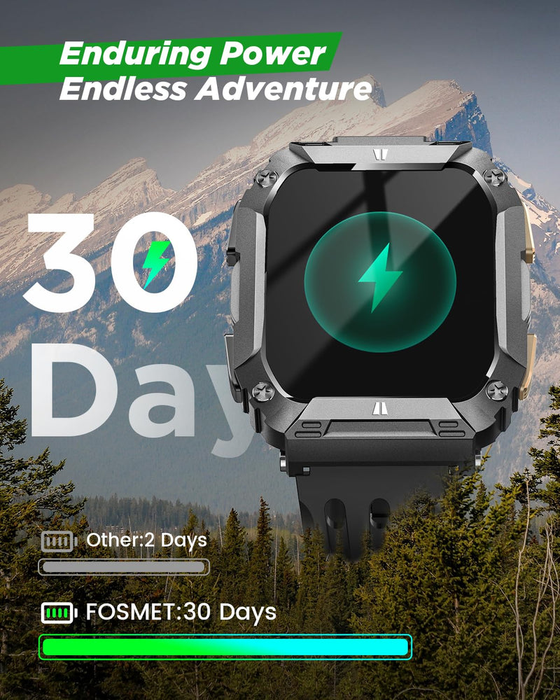 FOSMET 1.95'' Smart Watches for Men(Flashlight&100 Days Battery Life) | Waterproof Military Fitness Smart Watch with Call/Sleep/SpO2/Heart Rate/Step Tracker, 100+Sport Smartwatch for Android iPhone Black 1.95"