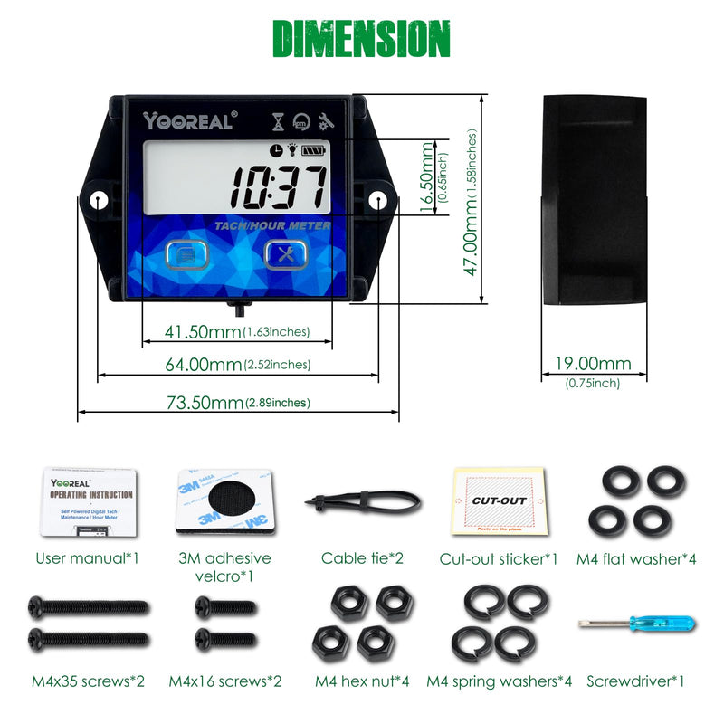 YOOREAL Digital Tachometer Hour Meter Maintenance Reminder with Clips Backlight Replaceable Battery Waterproof for Lawn Mower Motorcycle Outboard Motor Generator Snow Blower etc