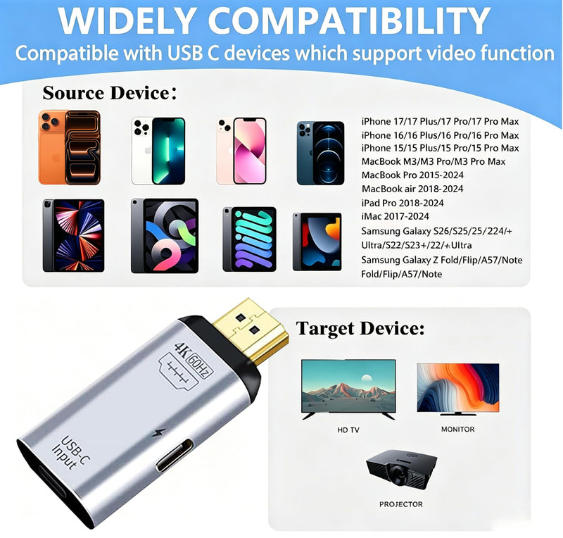 USB C to HDMI Adapter for TV - 4K60Hz UniDirectional Type C Source to HDMI 2.0 Display Converter Thunderbolt 3/4 to HDMI for i-Phone 17/16/15/i-Pad/Galaxy/MacBook/HDTV,USBC Female to HDMI Male Adapter