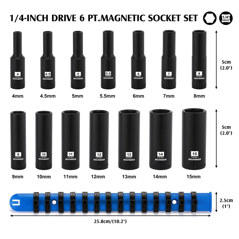 MIXPOWER 1/4" Drive Deep Magnetic Impact Socket Set with Storage Rails, 14-Piece, 6 Point, 4-15mm, Metric, CR-MO 1/4"Dr.Deep