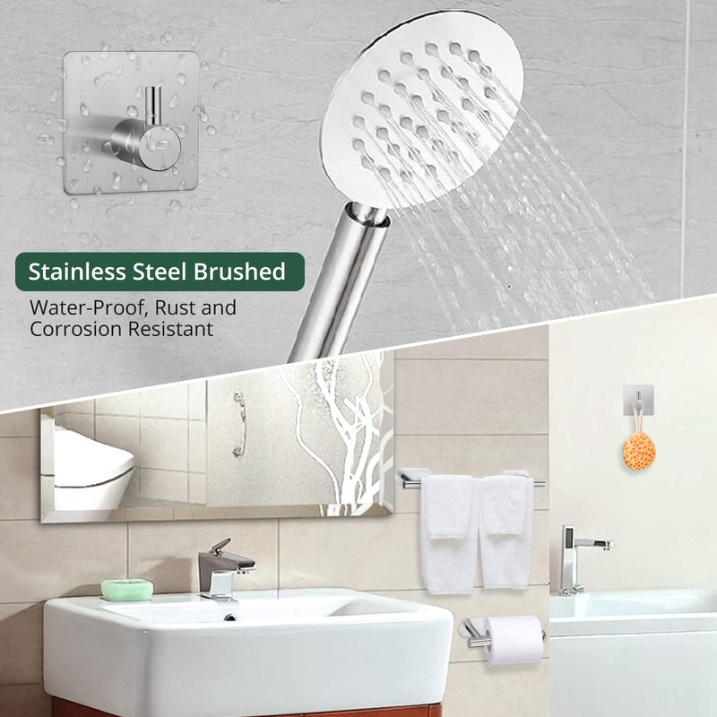 Self Adhesive Towel Bar, JiGiU Bathroom Hardware Set Include 16-Inch Bath Towel Bar,Toilet Paper Holder & 3 Packs Towel Hooks SUS304 Stainless Steel Wall Mount No Drill Sticky on Towel Holder Kit Silver