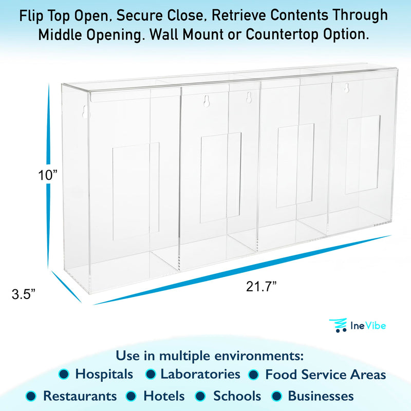 IneVibe Quad Hygiene Holder - 4 Compartment Acrylic Dispenser with Lid for Hairnets, Glove Boxes, Face Masks, Plastic Bags, Tissue Boxes in Home or Medical Setting - Counter or Wall Mount (Quad)