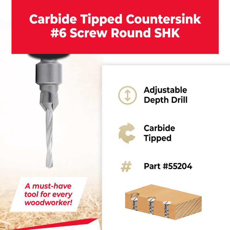 Amana Tool Carbide Tipped Countersink Drill Bit, 55204, 6 Screw, 25/64 Dia x 9/64 Drill Dia x 5/16 Round Shank
