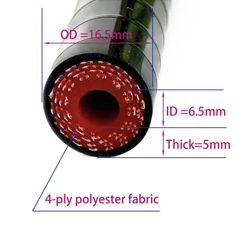 6.5MM (1/4") X 3.28FT Black High Temp Reinforced Silicone Heater Hose Radiator Coolant Straight Line(Work Pressure 145PSI/4-ply Reinforced/5MM Thick)+2 Clamp 6.5MM (1/4") X 3.28FT